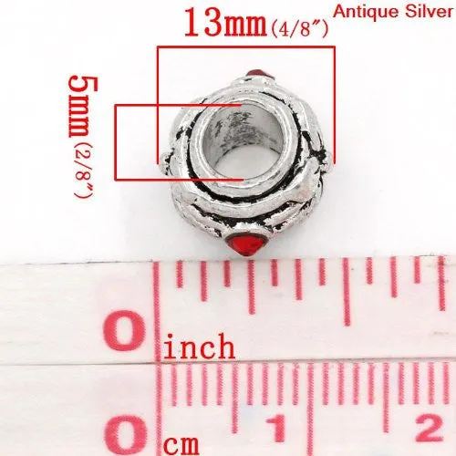 Flower Design with Red RhinestoneCharm Spacer European Bead Compatible for Most European Snake Chain Bracelet