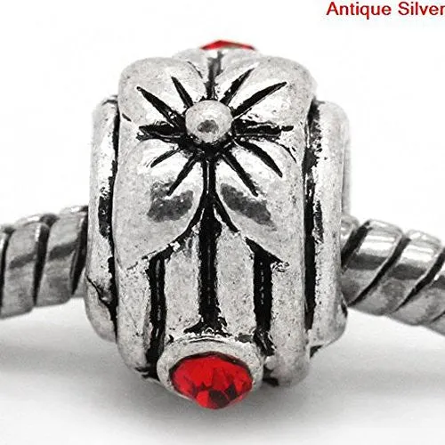 Flower Design with Red RhinestoneCharm Spacer European Bead Compatible for Most European Snake Chain Bracelet