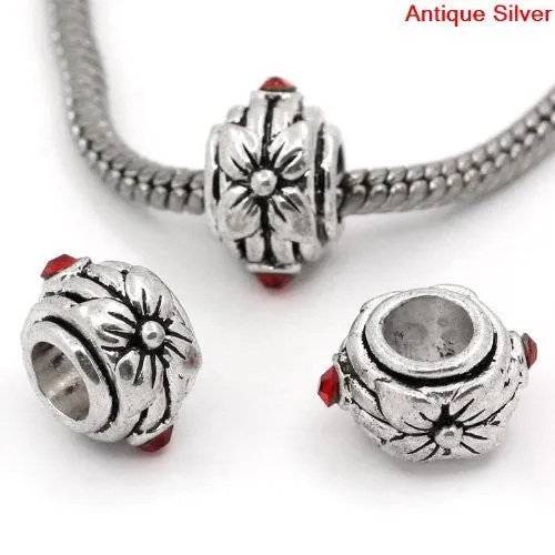 Flower Design with Red RhinestoneCharm Spacer European Bead Compatible for Most European Snake Chain Bracelet