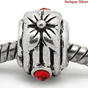 Flower Design with Red RhinestoneCharm Spacer European Bead Compatible for Most European Snake Chain Bracelet