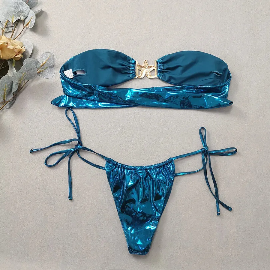 Gem Blue Glossy Bandeau Bikini Set