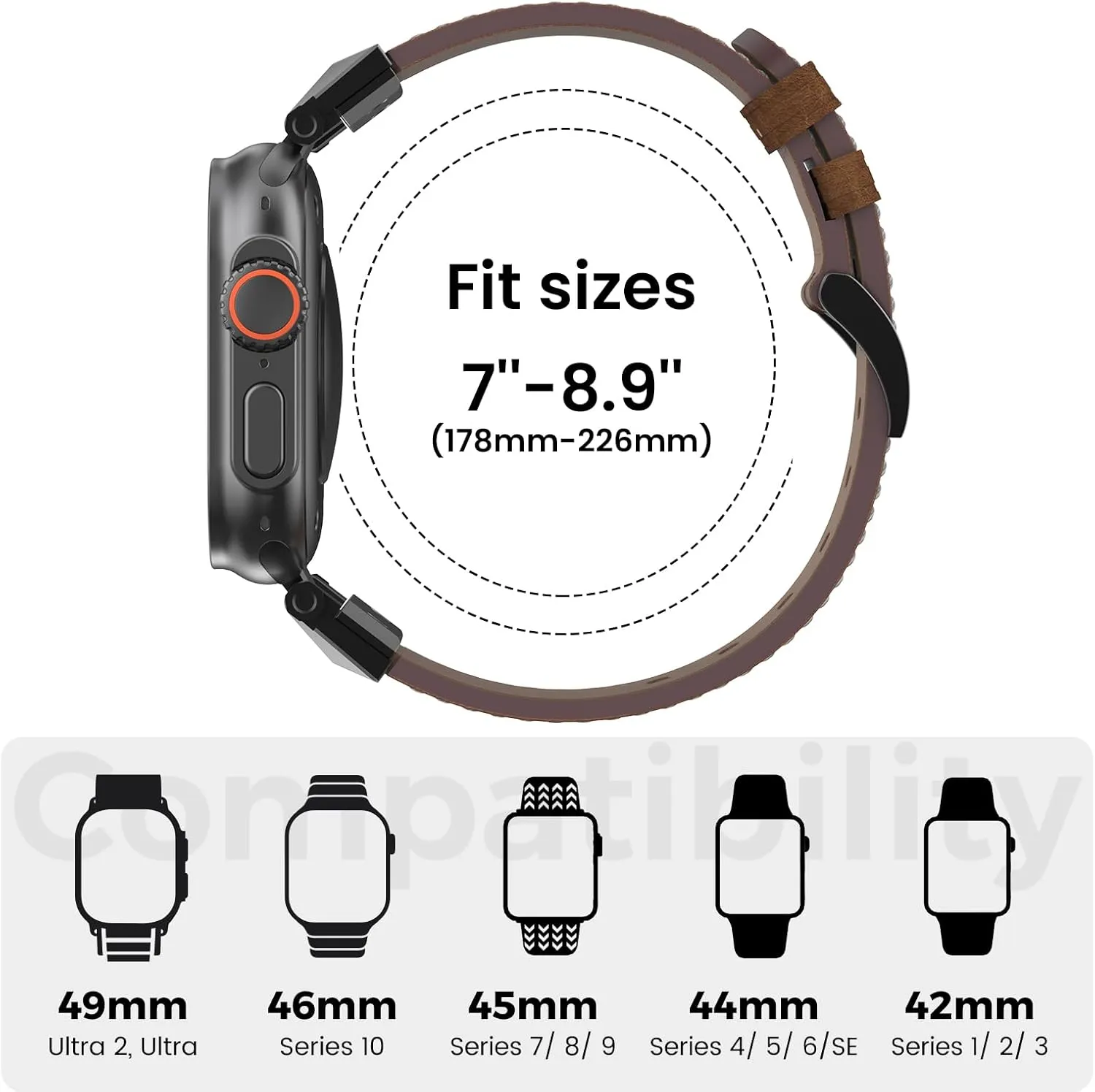 Genuine Leather Band Compatible with Apple Watch Ultra 2/Ultra Band 49mm 46mm 45mm 44mm 42mm for Men, Rugged Strap with Stainless Steel Connectors for iWatch Ultra Series 10 SE 9 8 7 6 5 4 3