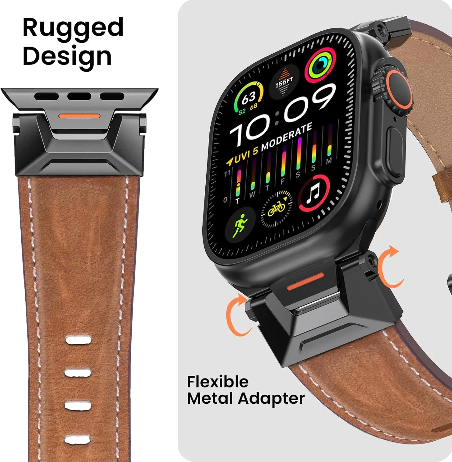 Genuine Leather Band Compatible with Apple Watch Ultra 2/Ultra Band 49mm 46mm 45mm 44mm 42mm for Men, Rugged Strap with Stainless Steel Connectors for iWatch Ultra Series 10 SE 9 8 7 6 5 4 3