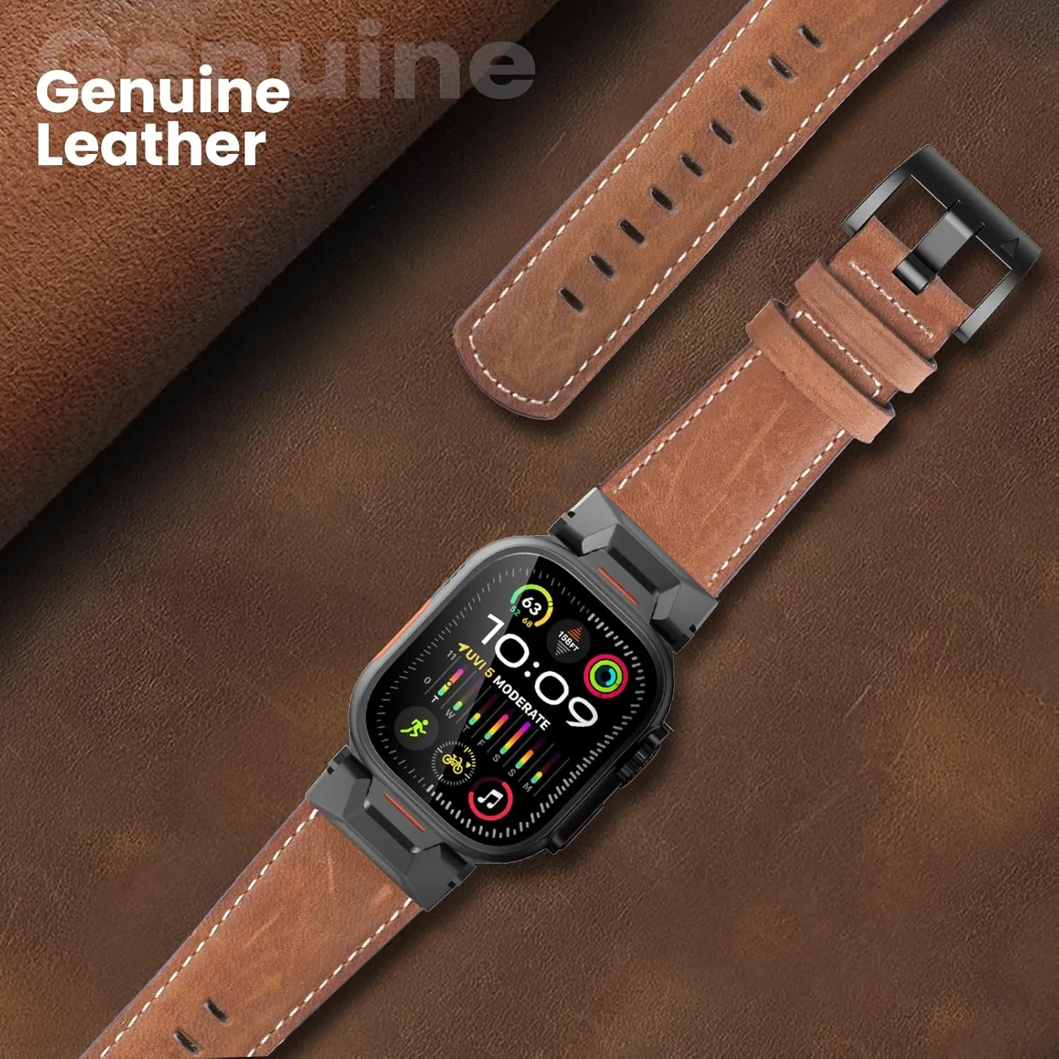 Genuine Leather Band Compatible with Apple Watch Ultra 2/Ultra Band 49mm 46mm 45mm 44mm 42mm for Men, Rugged Strap with Stainless Steel Connectors for iWatch Ultra Series 10 SE 9 8 7 6 5 4 3