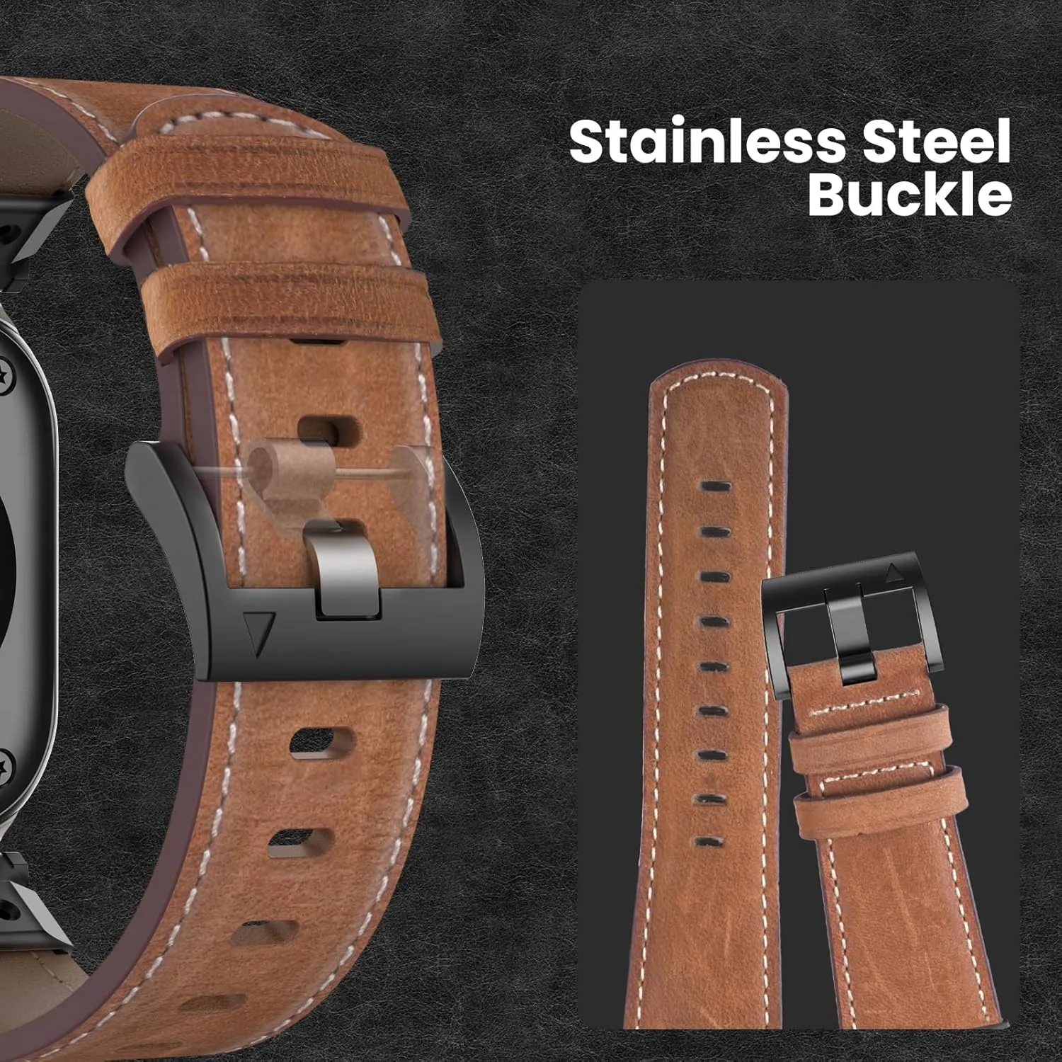 Genuine Leather Band Compatible with Apple Watch Ultra 2/Ultra Band 49mm 46mm 45mm 44mm 42mm for Men, Rugged Strap with Stainless Steel Connectors for iWatch Ultra Series 10 SE 9 8 7 6 5 4 3