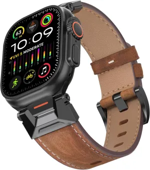 Genuine Leather Band Compatible with Apple Watch Ultra 2/Ultra Band 49mm 46mm 45mm 44mm 42mm for Men, Rugged Strap with Stainless Steel Connectors for iWatch Ultra Series 10 SE 9 8 7 6 5 4 3