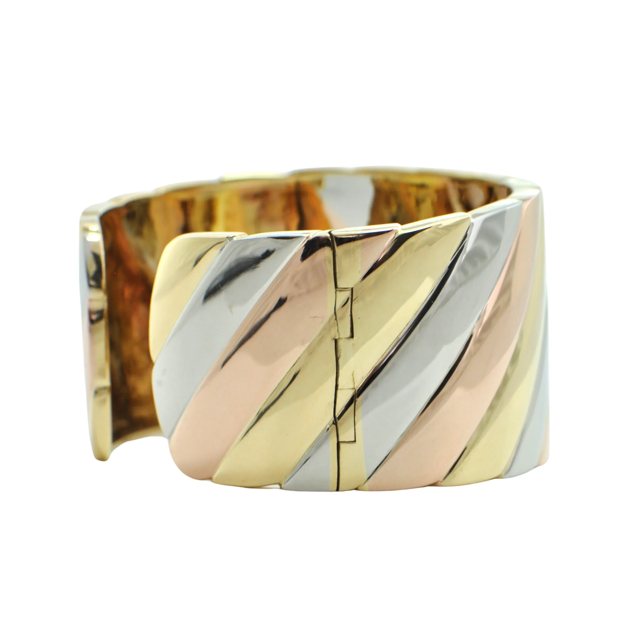 Italian 18K Yellow, White, and Rose Gold Hinged Cuff
