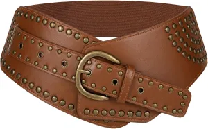 JASGOOD Women Vintage Wide Elastic Belt Studded Stretchy Waist Belt with Rivets Metal Buckle