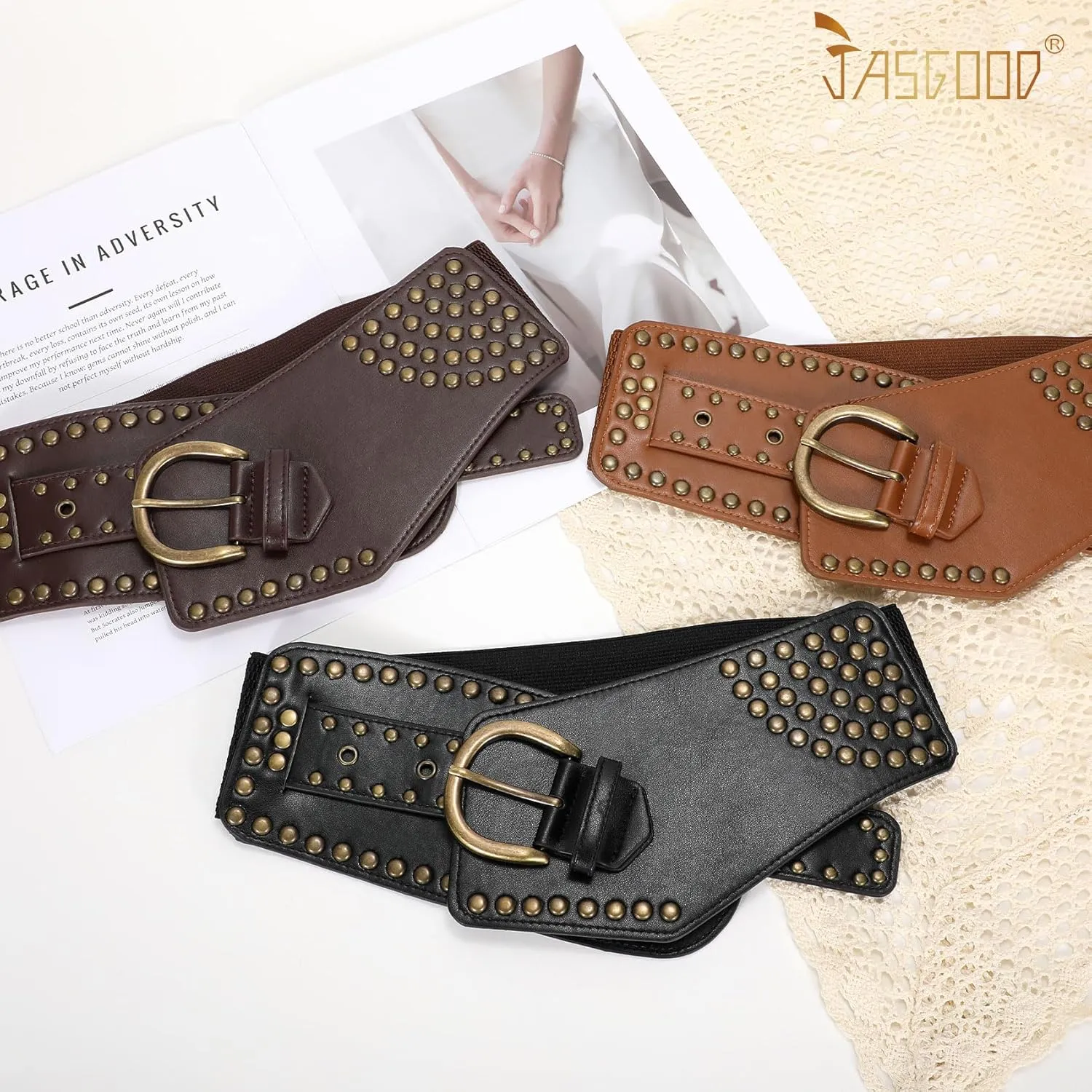 JASGOOD Women Vintage Wide Elastic Belt Studded Stretchy Waist Belt with Rivets Metal Buckle