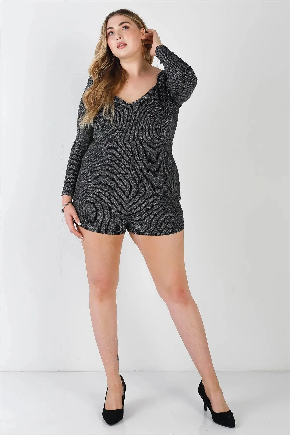 Junior Plus Silver Lurex Ribbed Long Sleeve Romper /2-2-2
