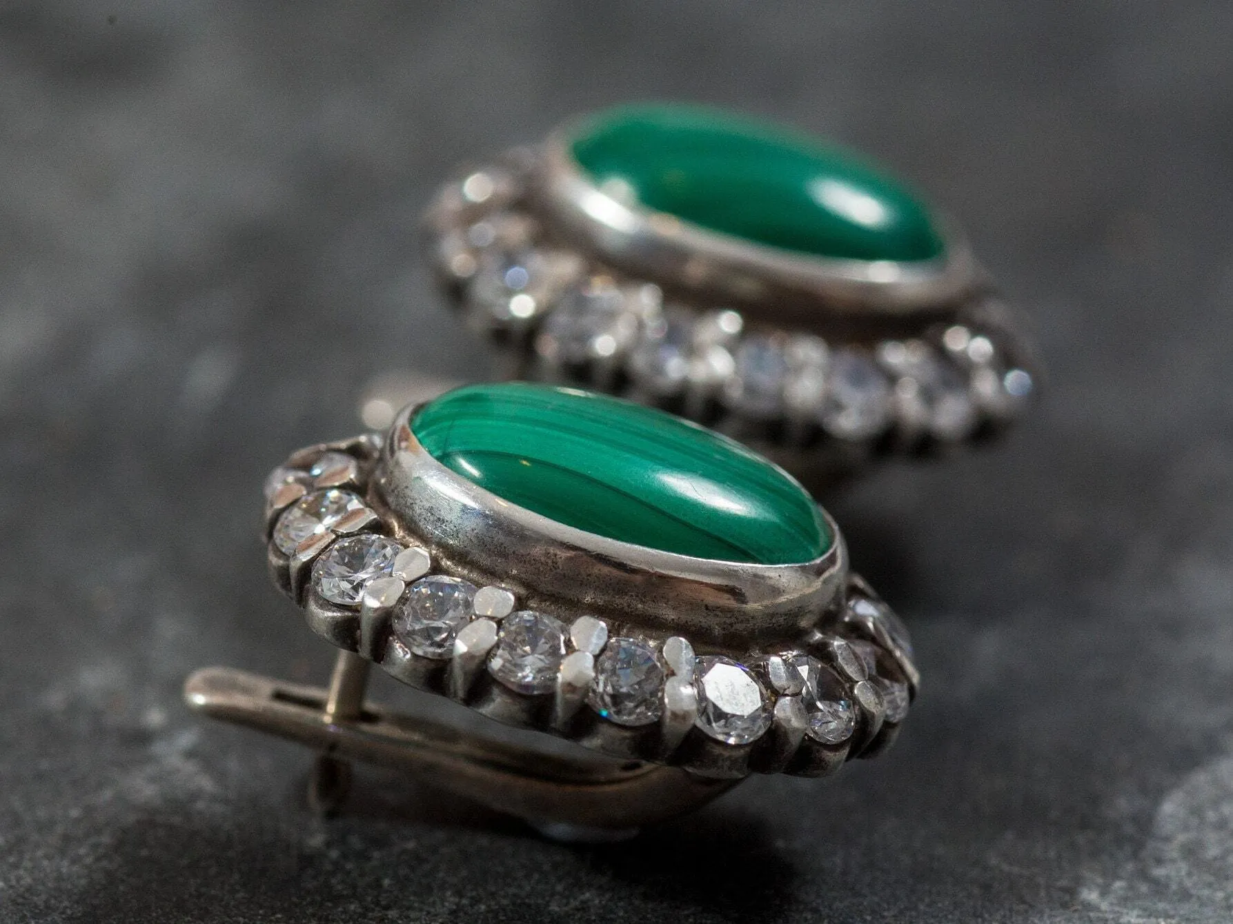 Large Green Earrings - Malachite Earrings - Vintage Statement Studs