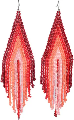 Long Beaded Dangle Earrings  Boho Native Handmade Seed Bead Tassel Earrings for Women, Bohemian Large Statement Beaded Drop Fringe Earrings