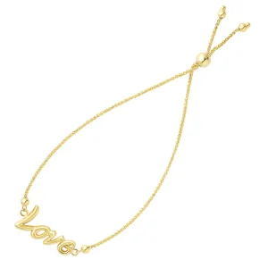 Love In Script Theme Bolo Friendship Adjustable Bracelet In 14K Yellow Gold, 9.25"