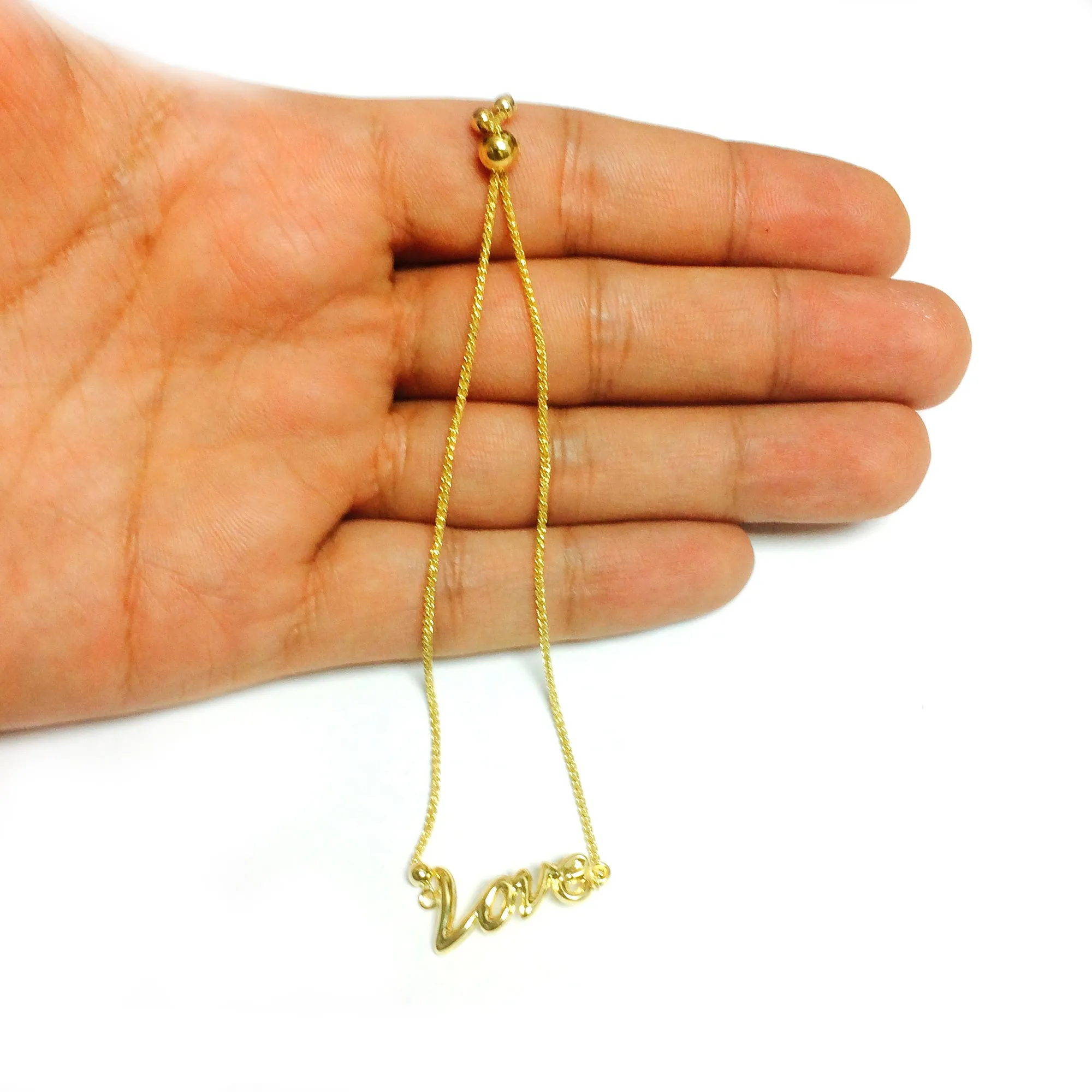 Love In Script Theme Bolo Friendship Adjustable Bracelet In 14K Yellow Gold, 9.25"