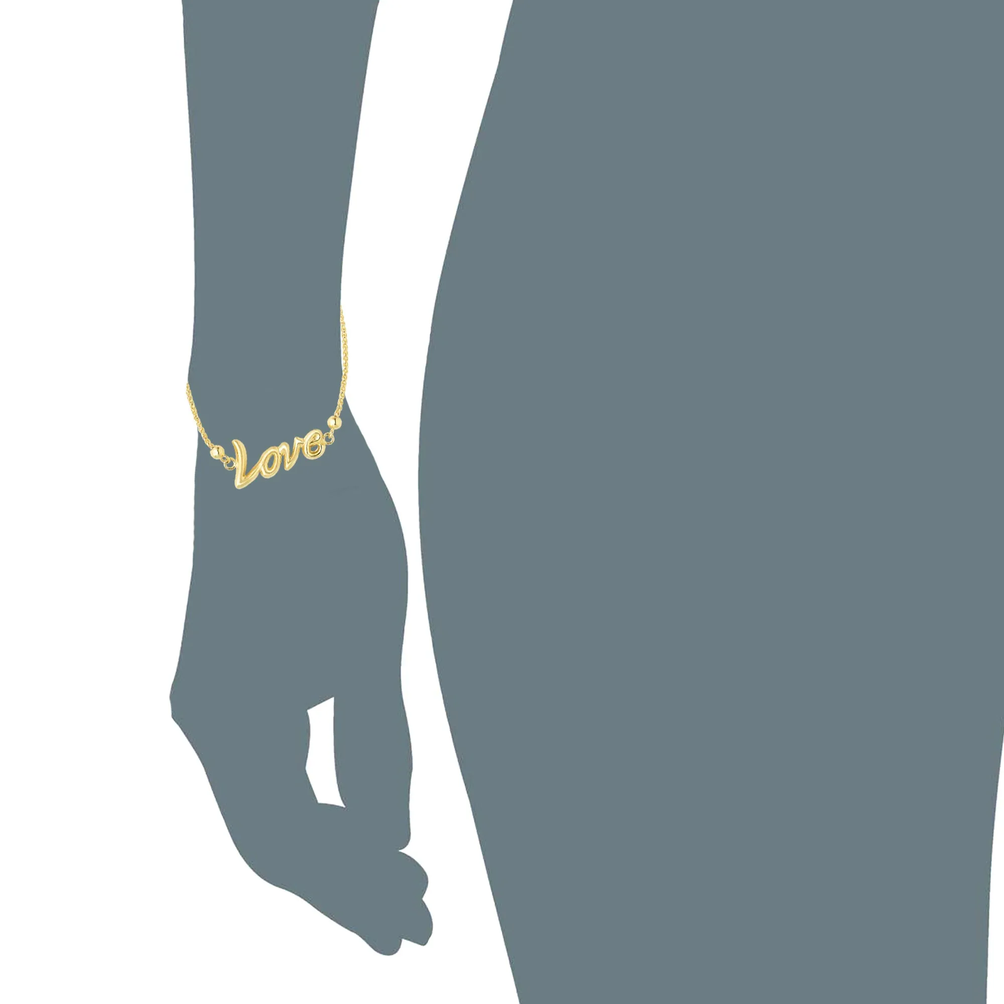 Love In Script Theme Bolo Friendship Adjustable Bracelet In 14K Yellow Gold, 9.25"