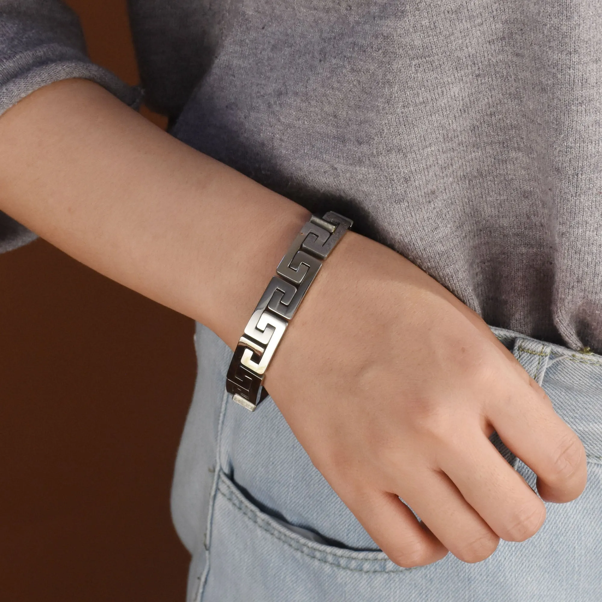 Masculine Geometric Chain Link BraceletMen Black Gold Silver Tone 8.5-9"