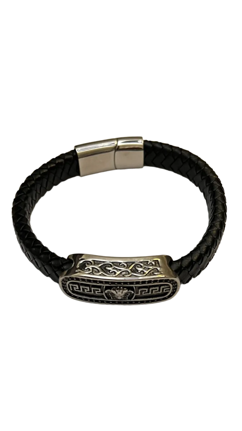 Men's Black Leather and Silver Bracelet