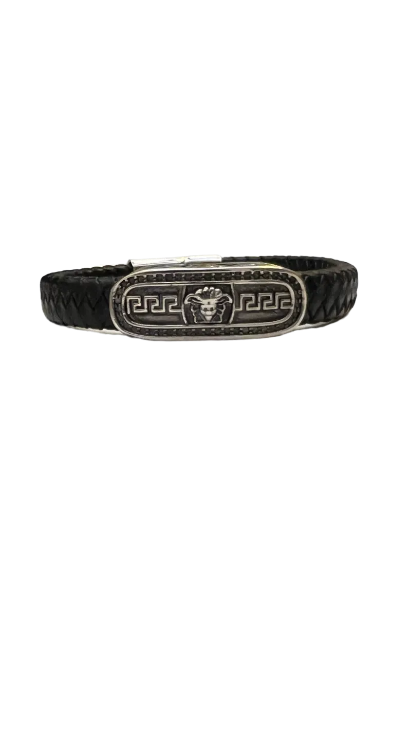 Men's Black Leather and Silver Bracelet