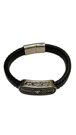 Men's Black Leather and Silver Bracelet