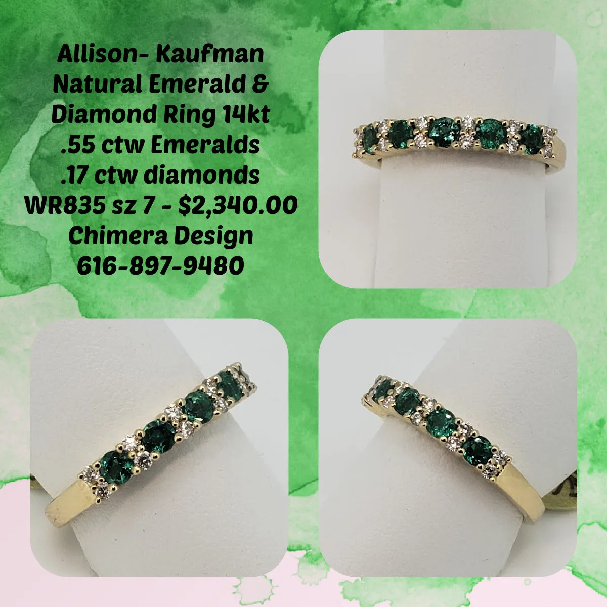 Natural Emerald and Diamond Ring in 14kt Yellow Gold