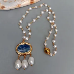 Natural White Pearl & Blue Kyanite Rosary Necklace