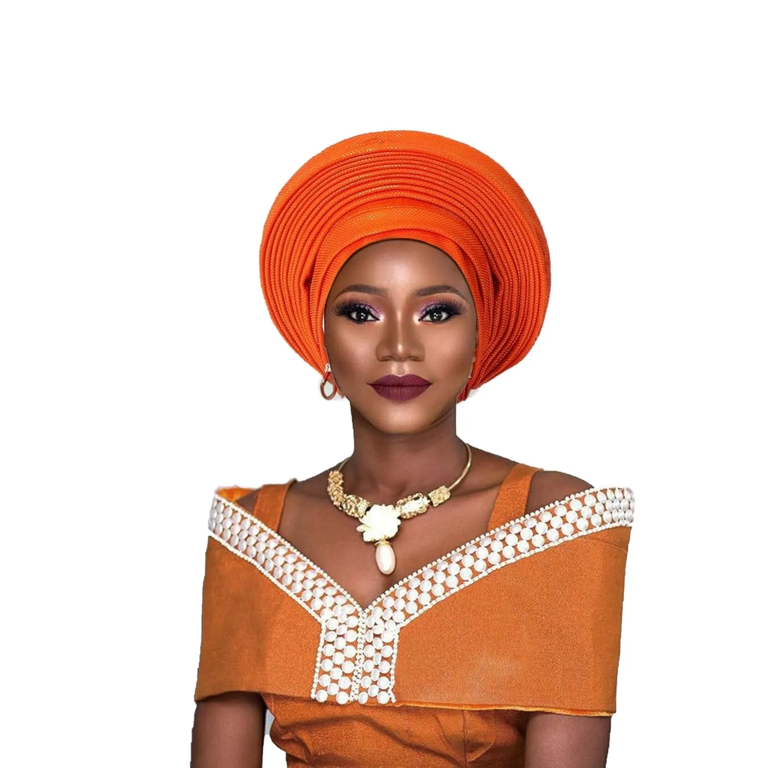 Nigeria Head Ties Wedding Party Headgear Elegant African Headtie Turban Already Made Women's Auto Gele Female Head Wraps (One Size,Orange)
