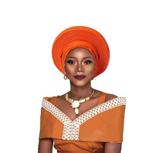 Nigeria Head Ties Wedding Party Headgear Elegant African Headtie Turban Already Made Women's Auto Gele Female Head Wraps (One Size,Orange)