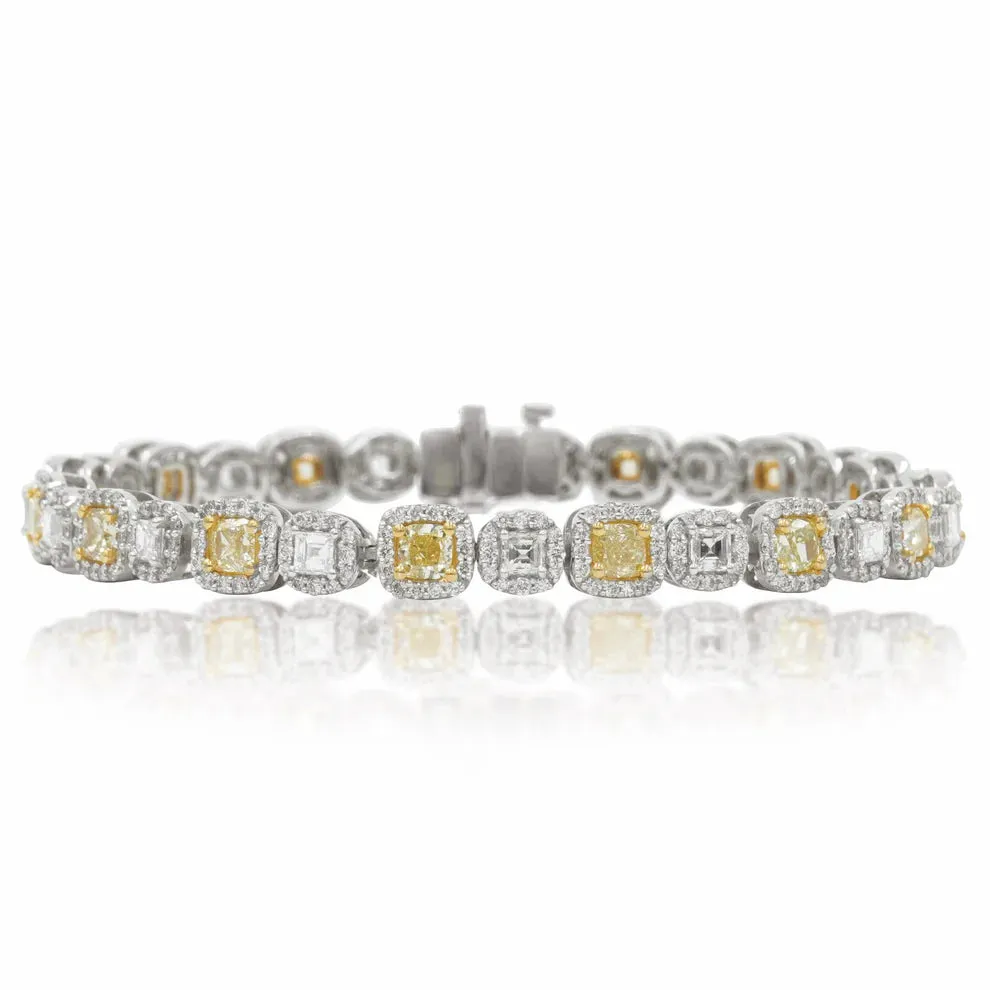 Novalee 8 Carat Cushion Cut Fancy Yellow & White Diamond Bracelet in 14K White Gold