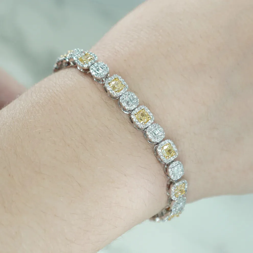 Novalee 8 Carat Cushion Cut Fancy Yellow & White Diamond Bracelet in 14K White Gold