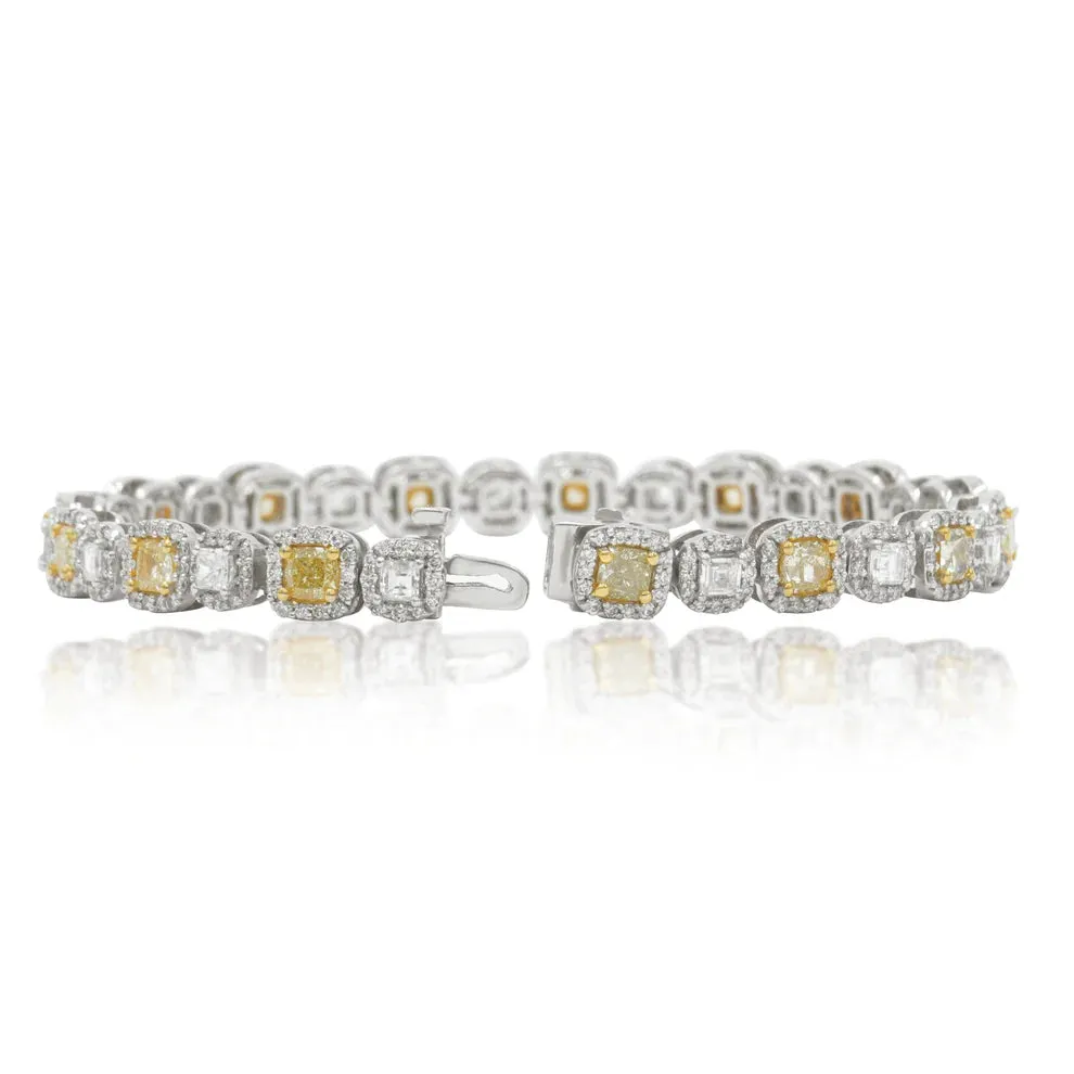 Novalee 8 Carat Cushion Cut Fancy Yellow & White Diamond Bracelet in 14K White Gold