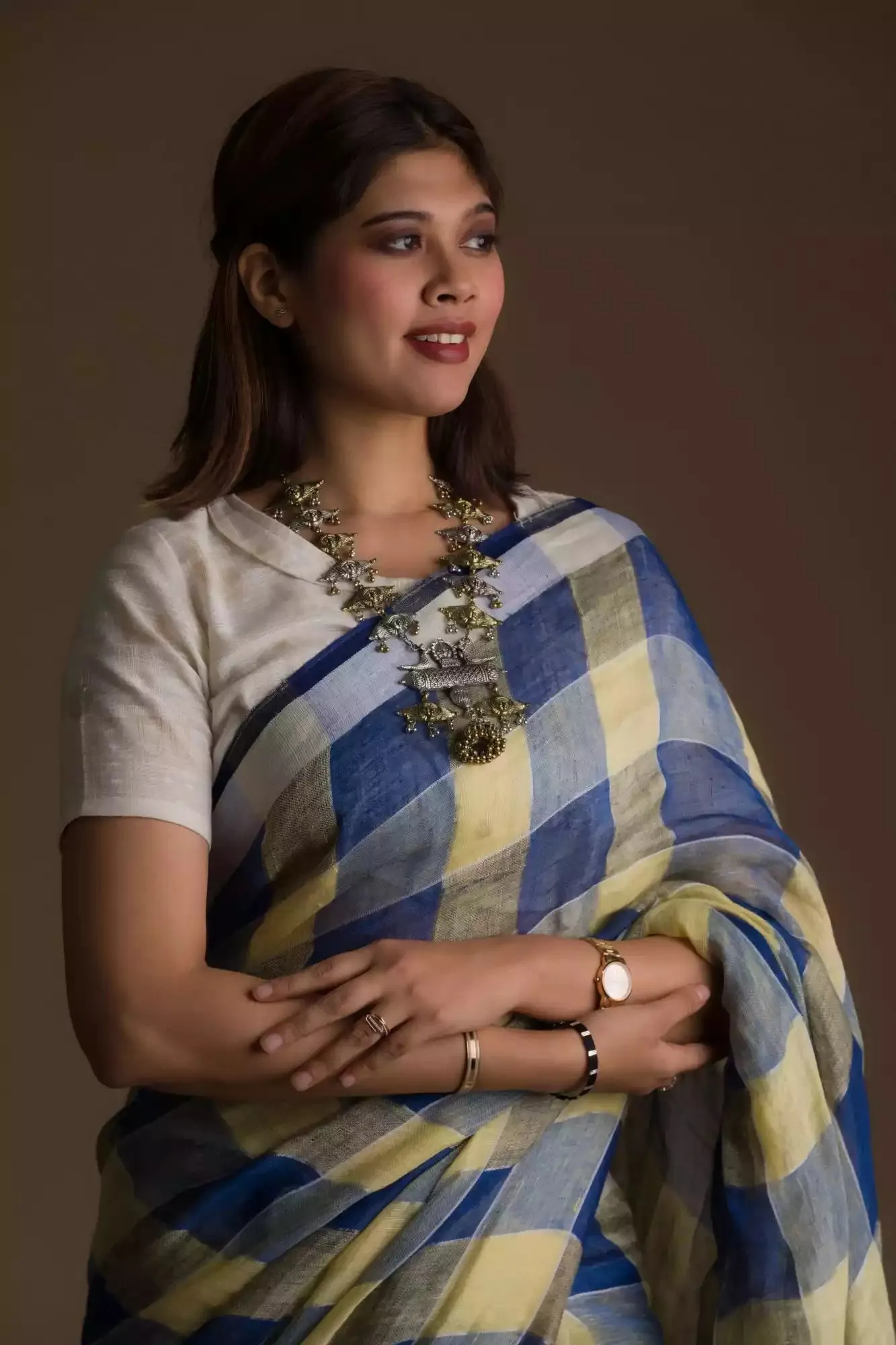 Pure Linen Dark Blue Saree with Tan Brown and Lemon Yellow Checks