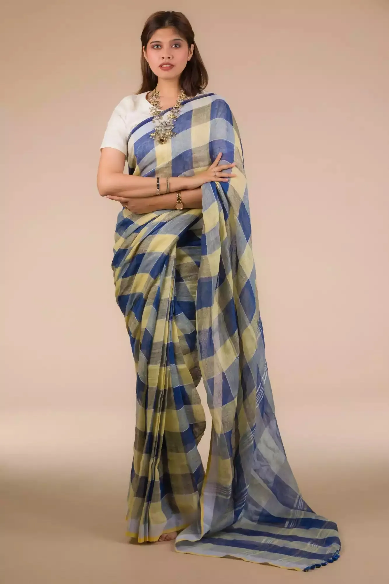 Pure Linen Dark Blue Saree with Tan Brown and Lemon Yellow Checks