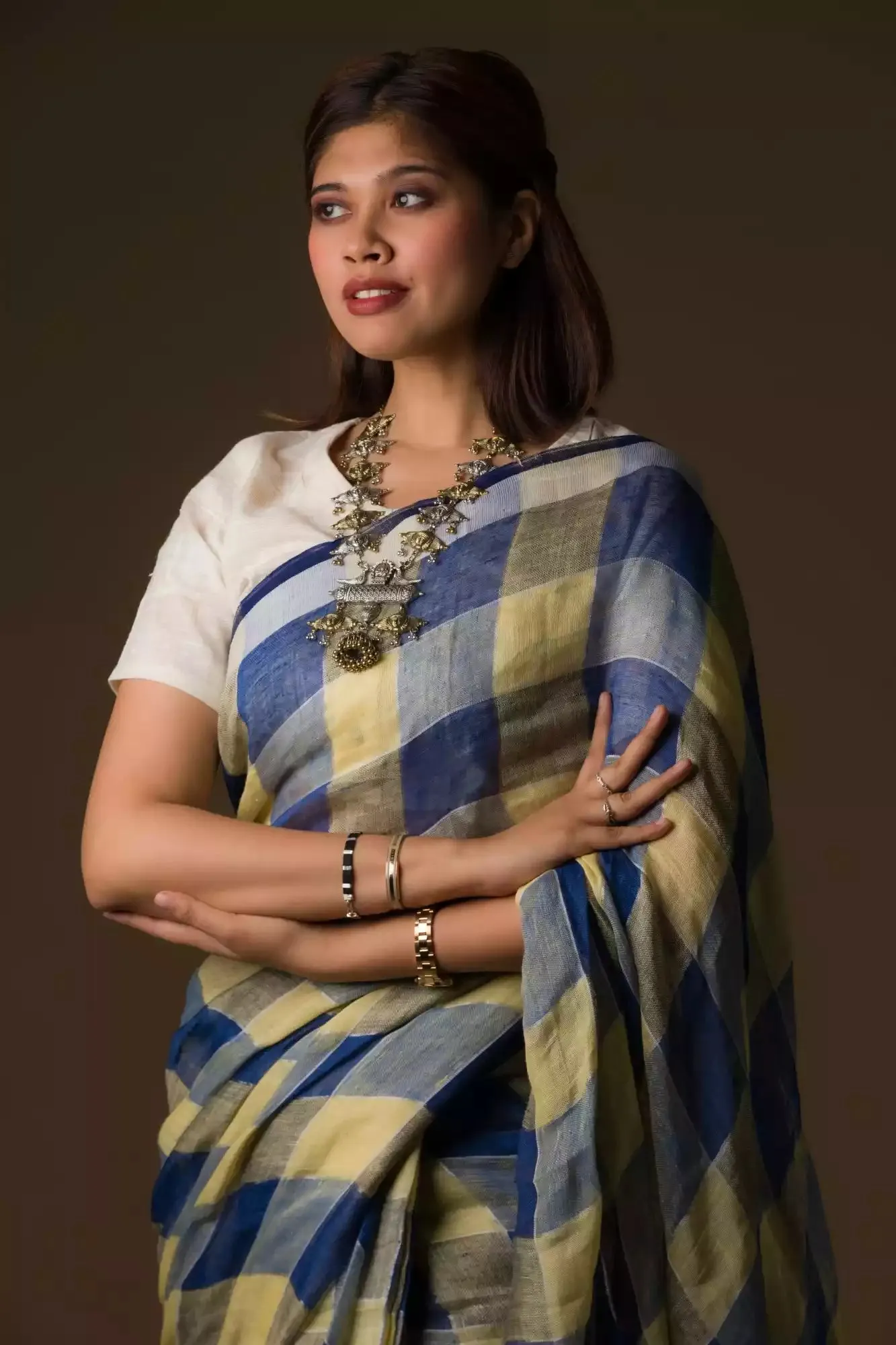 Pure Linen Dark Blue Saree with Tan Brown and Lemon Yellow Checks