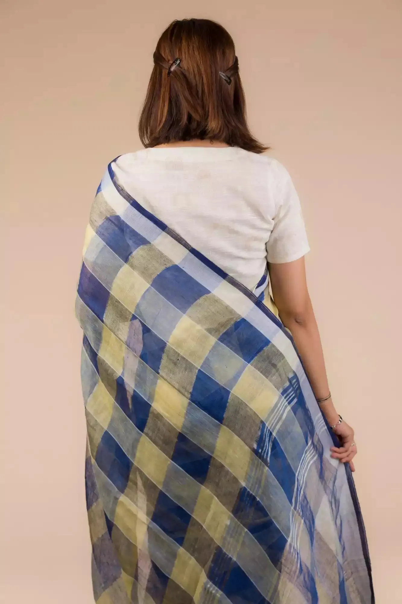 Pure Linen Dark Blue Saree with Tan Brown and Lemon Yellow Checks