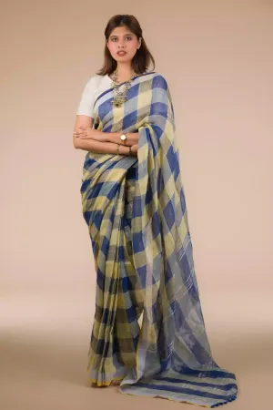 Pure Linen Dark Blue Saree with Tan Brown and Lemon Yellow Checks