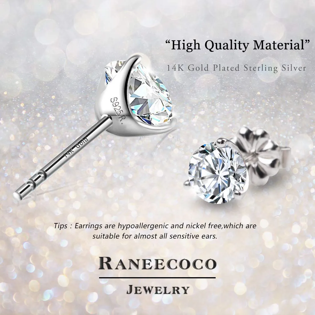 "STUNNING FLAME" 18K Gold Plated Silver Brilliant Cut Simulated Diamond Cubic Zirconia Stud Earrings(white-gold-plated-silver, 0.9)
