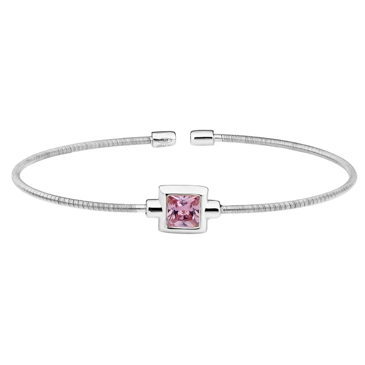 Rhodium Finish Sterling Silver Cable Cuff Bracelet with Princess Cut Simulated Pink Sapphire Birth Gem
