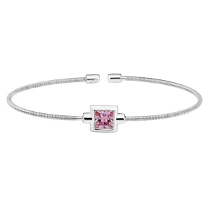 Rhodium Finish Sterling Silver Cable Cuff Bracelet with Princess Cut Simulated Pink Sapphire Birth Gem