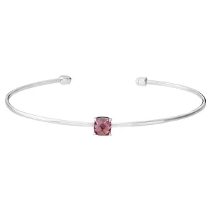 Rhodium Finish Sterling Silver Pliable Cuff Bracelet with Faceted Cushion Cut Simulated Pink Sapphire Birth Gem - October