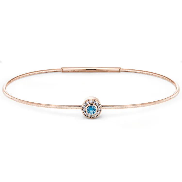 Rose Gold Finish Finish Sterling Silver Round Simulated Blue Topaz Birth Gem Bracelet with Simulated Diamonds