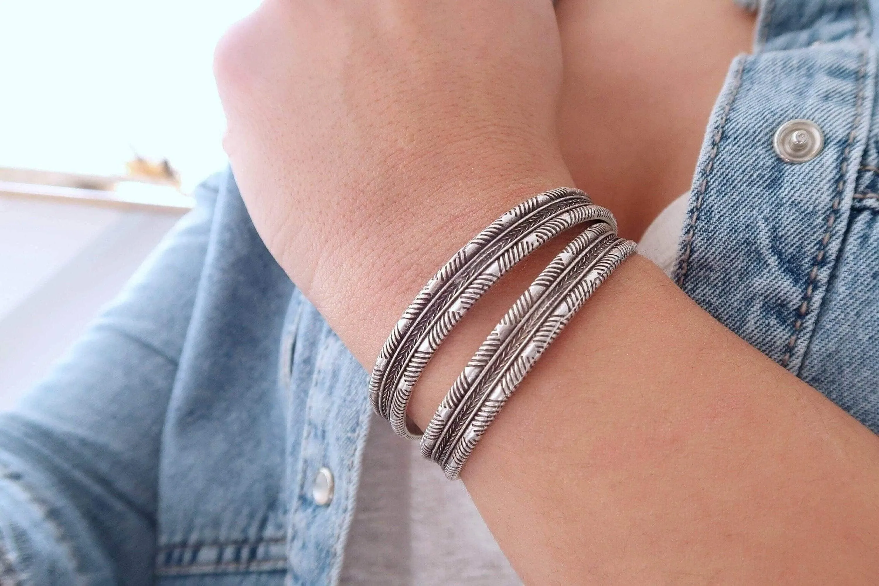 Silver Engraved Lines Cuff