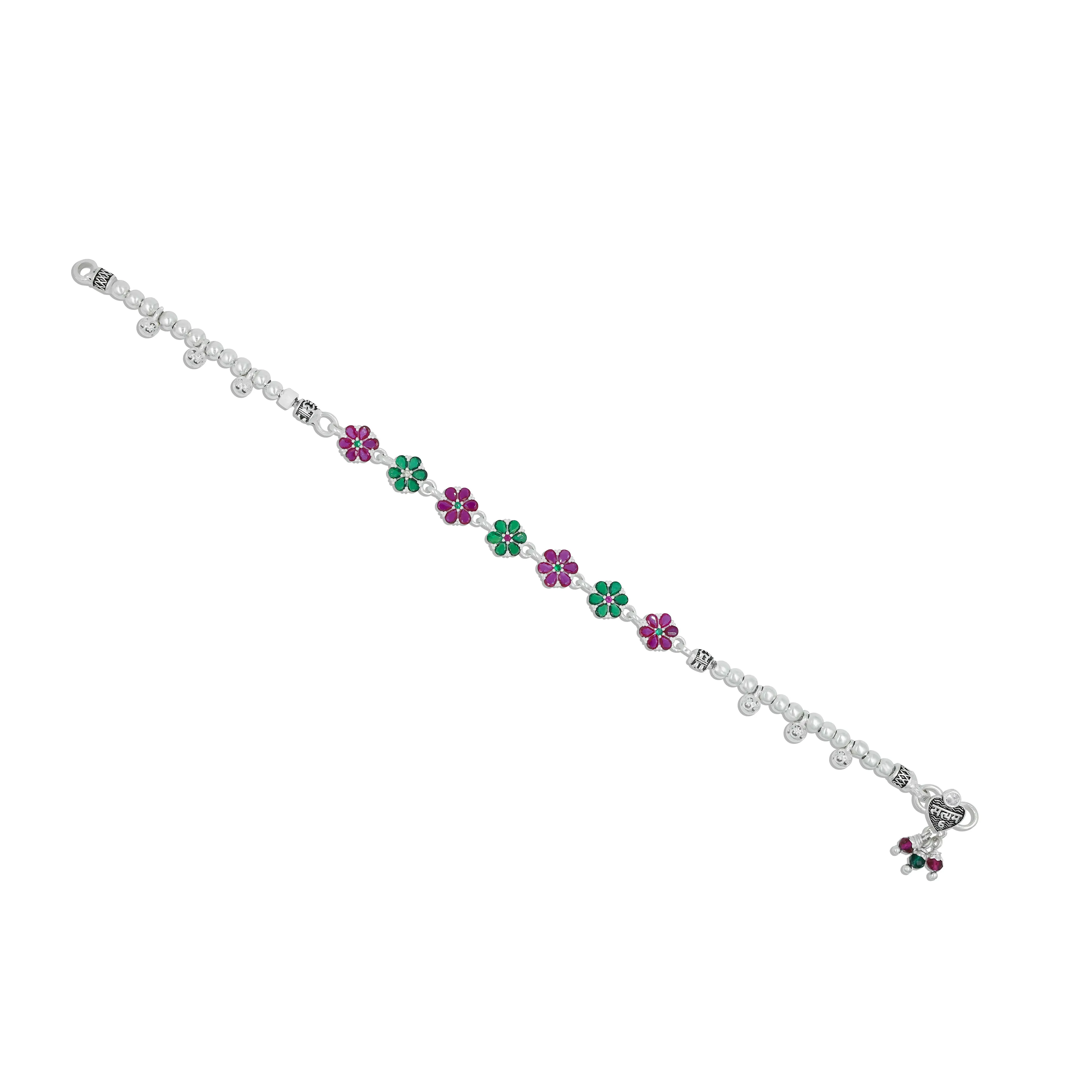 Silver Green and Purple Gem Stone Flower Design Payal for Girls