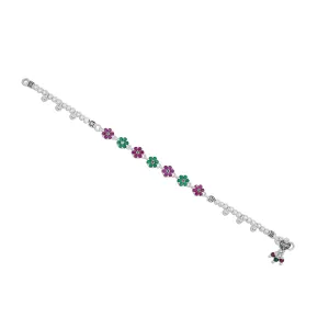 Silver Green and Purple Gem Stone Flower Design Payal for Girls