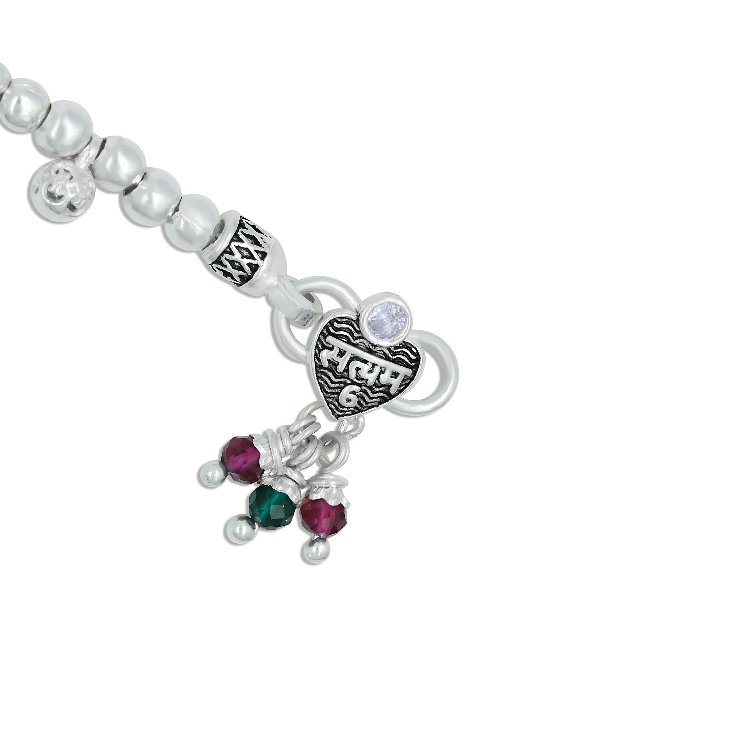 Silver Green and Purple Gem Stone Flower Design Payal for Girls