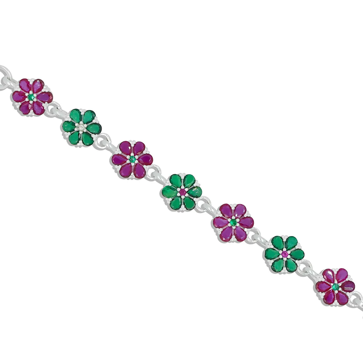 Silver Green and Purple Gem Stone Flower Design Payal for Girls
