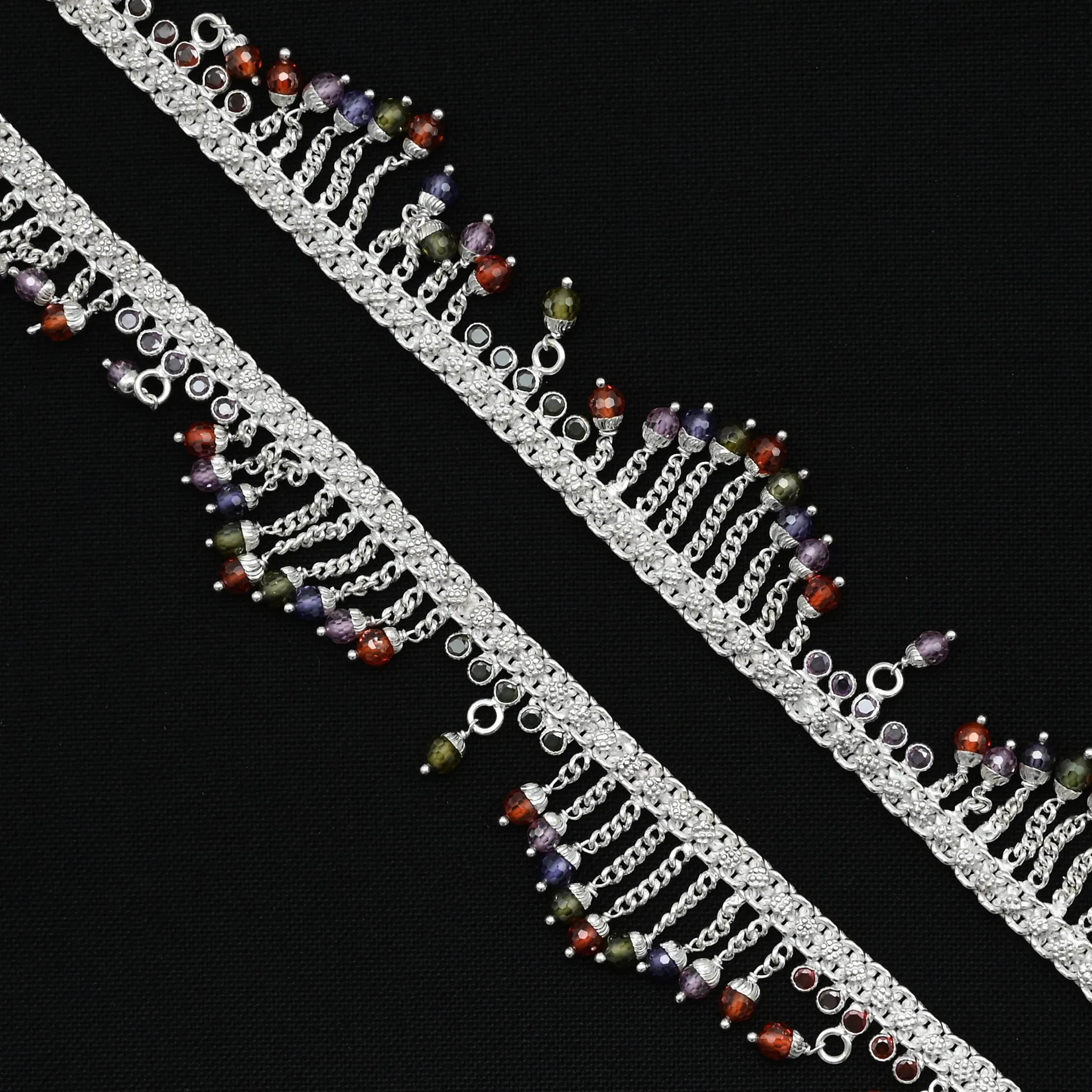 Silver Up And Down Colourful Gem Anklet