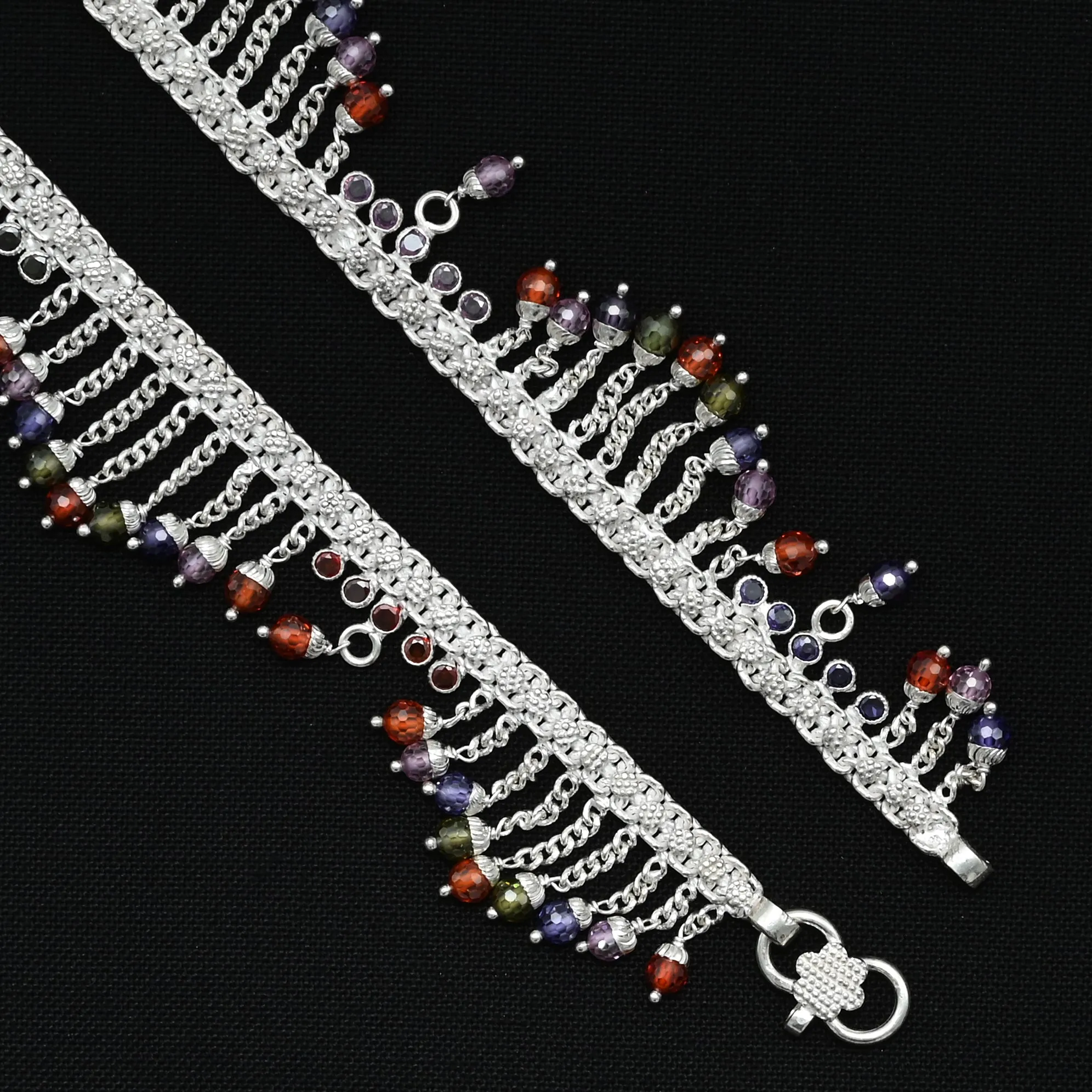 Silver Up And Down Colourful Gem Anklet
