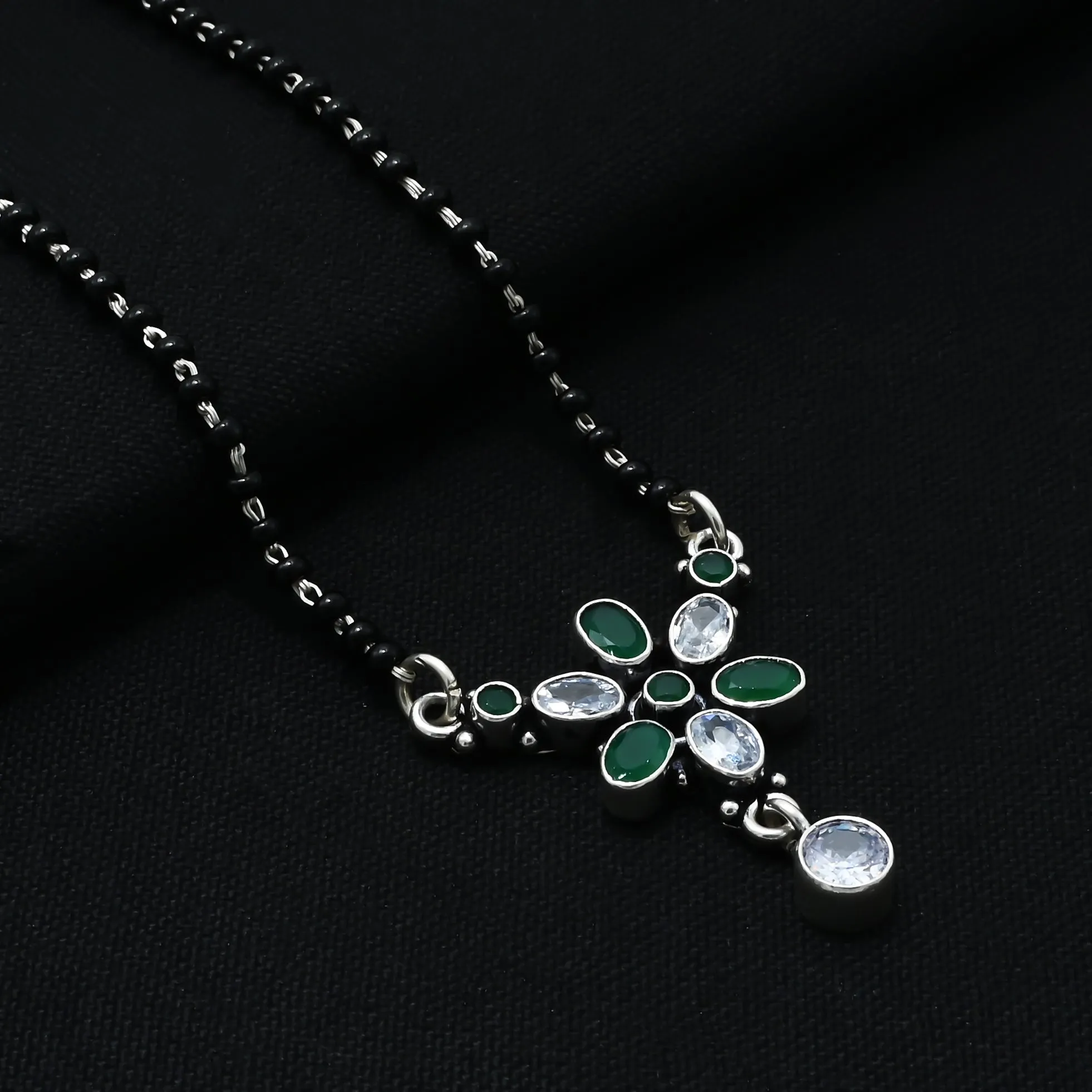 Sterling Silver Round Green Oval Gemstone Mangalsutra