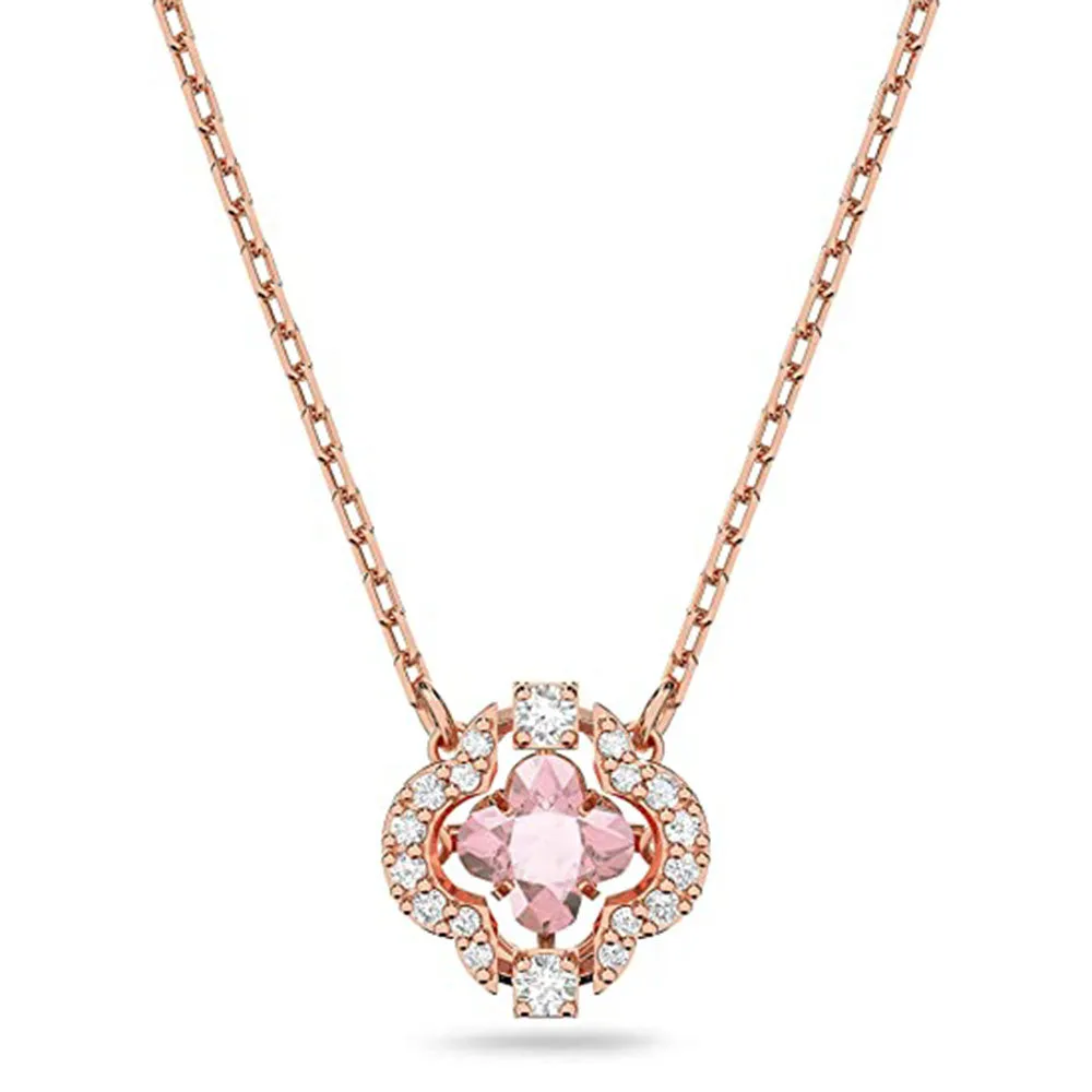 Swarovski Women's Pink and White Crystals Rose-Gold Tone Plated Chain Sparkling Dance Clover Pendant Necklace - 5514488