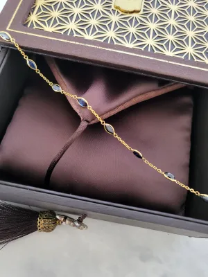 Thai Design Natural Blue Sapphire 18K Solid Gold Chain Bracelet Eyelet Gems Rare Gemstone Dainty